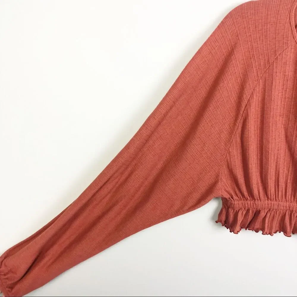 FREE PEOPLE BEACH | Rust Orange Peasant Long Sleeve Cropped Top Women’s Size S